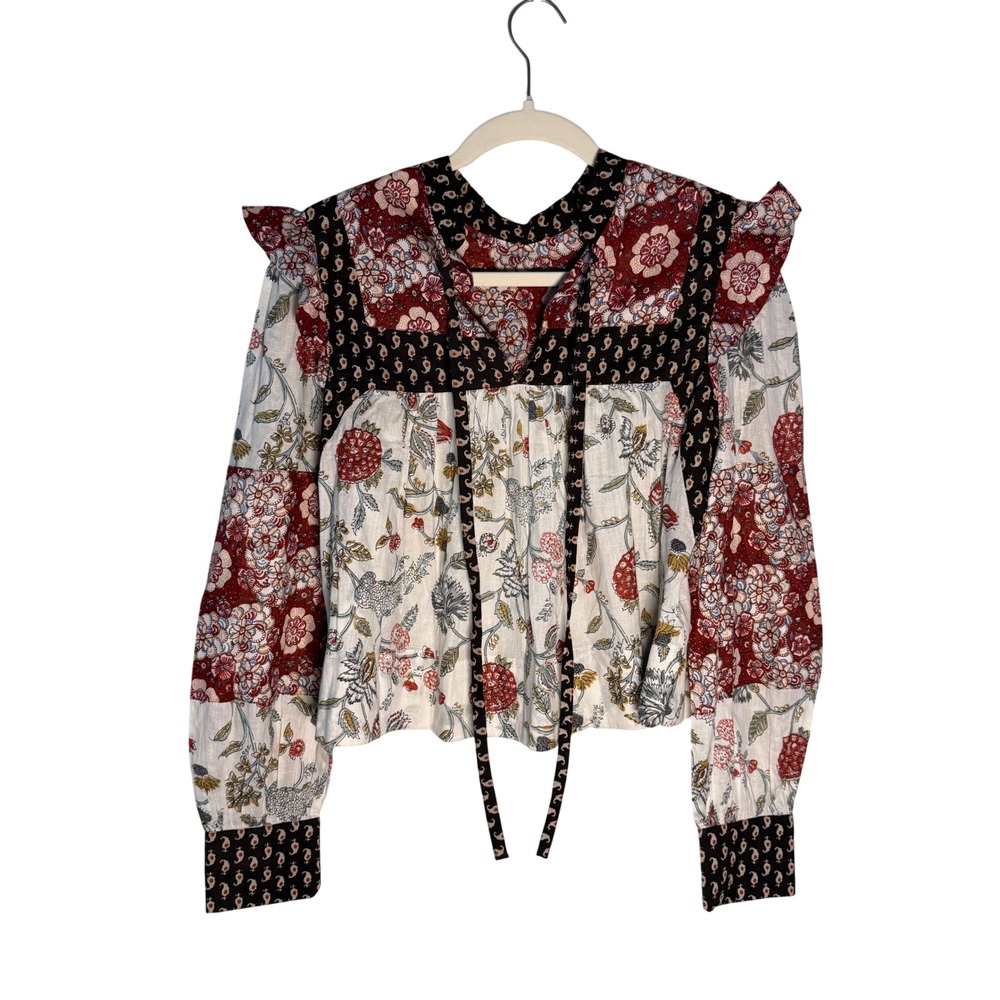 Alix of Bohemia Madeline Patchwork Top Red Black Floral Cotton Blouse Small - Picture 3 of 8